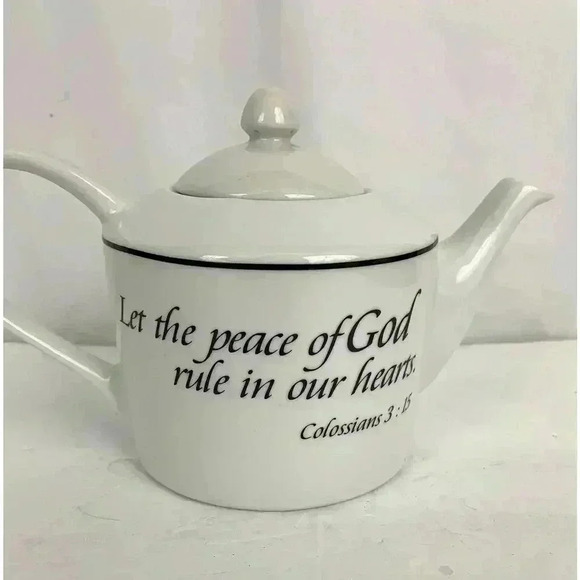 White Scripture Teapot Colossians 3:15 Peace of God Rule Hearts Microwave Safe - Picture 3 of 10